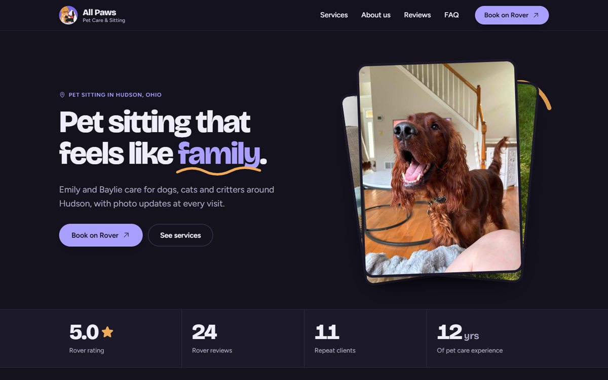 All Paws Pet Care homepage: dark purple hero with the headline Pet sitting that feels like family