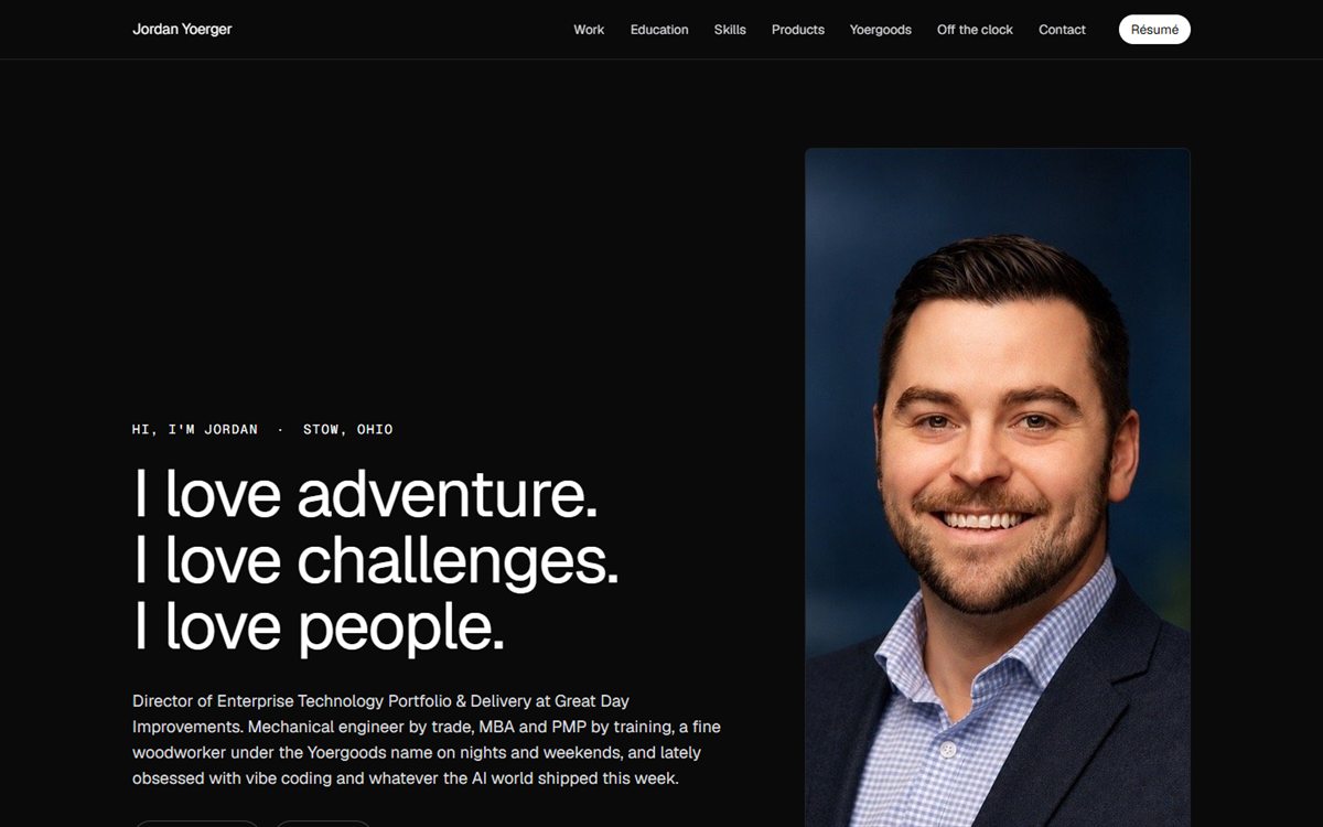 Jordan Yoerger personal portfolio homepage with a large headline and a portrait photo