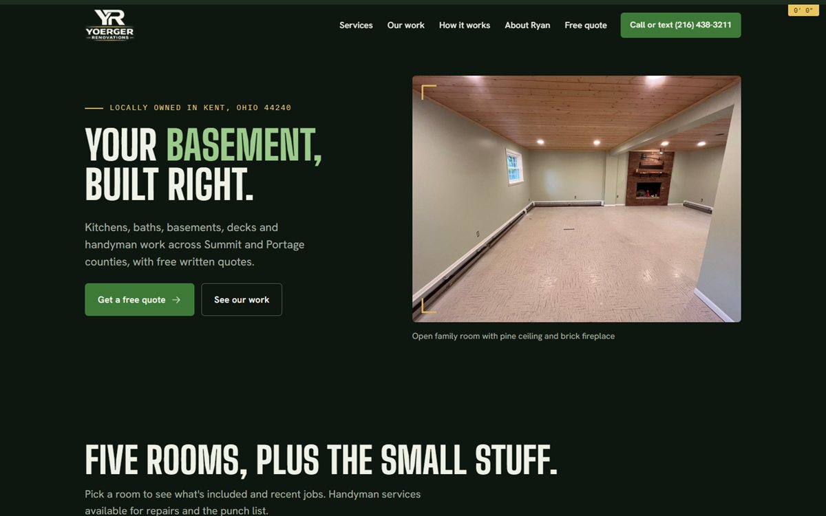Yoerger Renovations homepage: dark green hero with the headline Your basement, built right